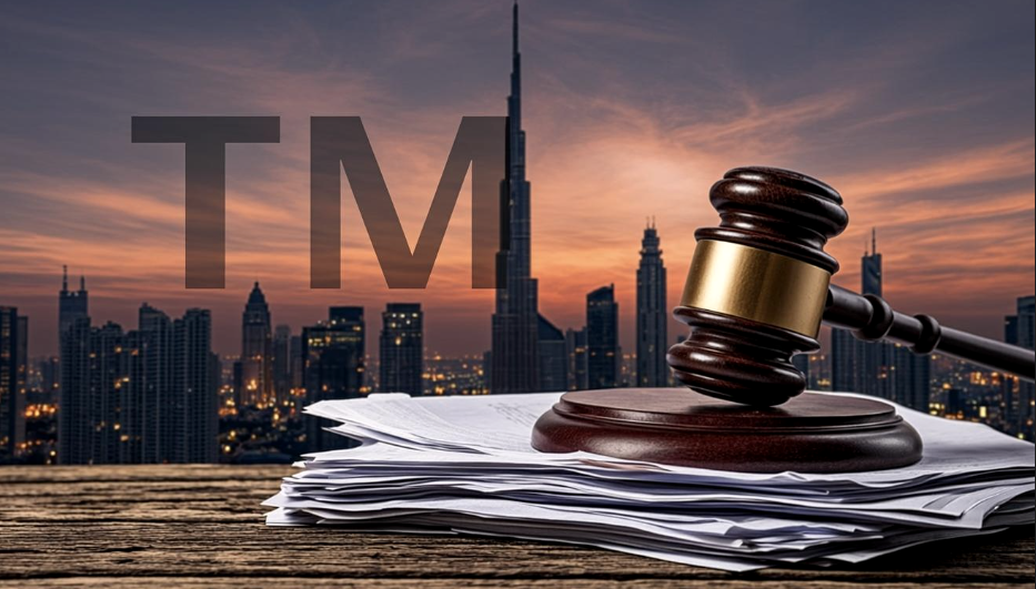 Trademark registration in UAE featuring a dusk city skyline with a wooden gavel, stacked legal documents, and a prominent TM symbol representing intellectual property law and brand protection