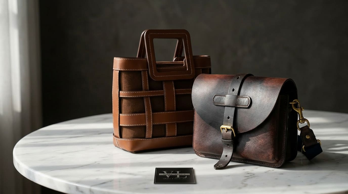 Vaema Leather — Dua tas kulit di atas meja marmer