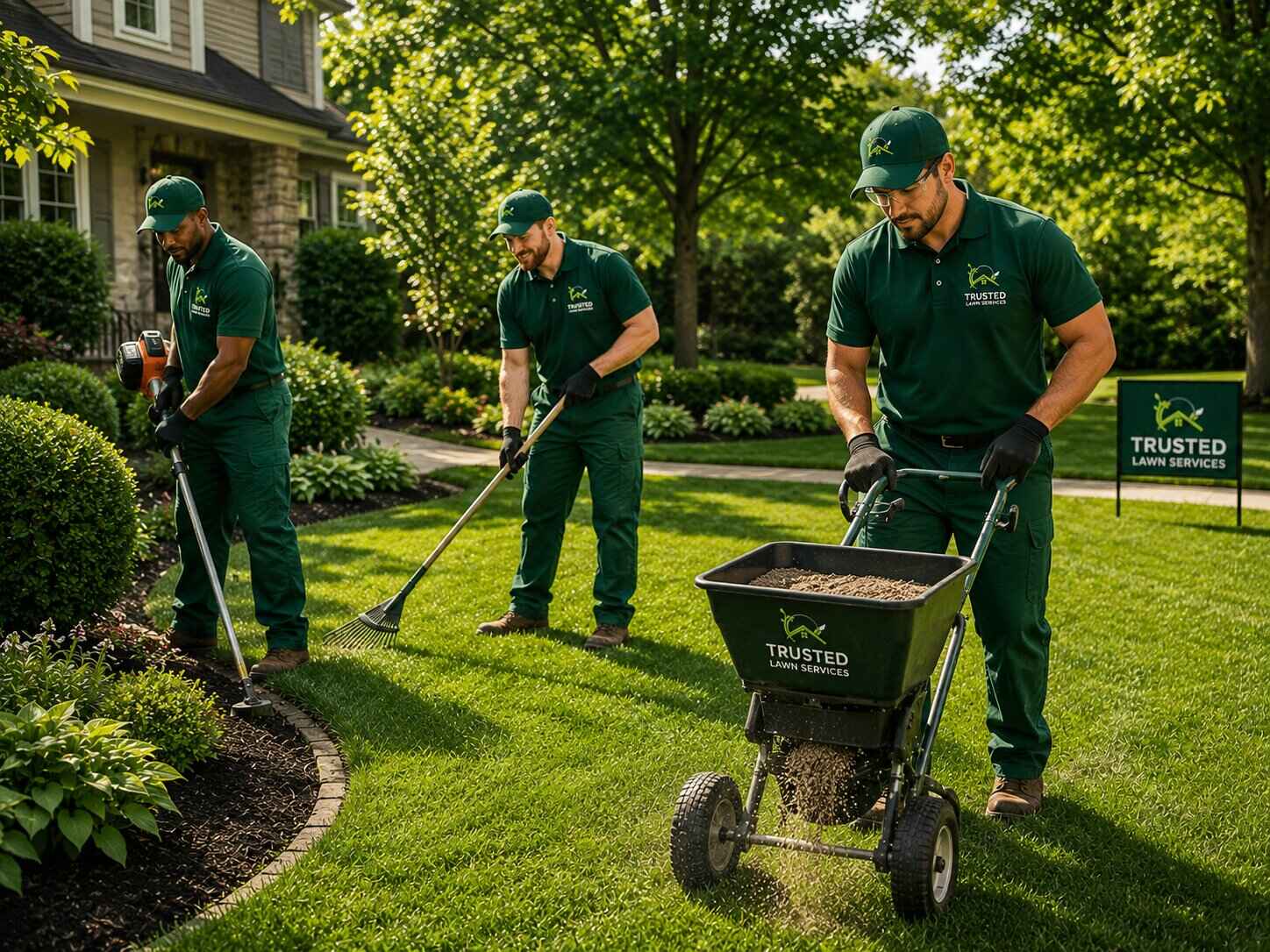 Trusted Lawn Services team performing professional lawn edging, raking, and seeding at a residential property