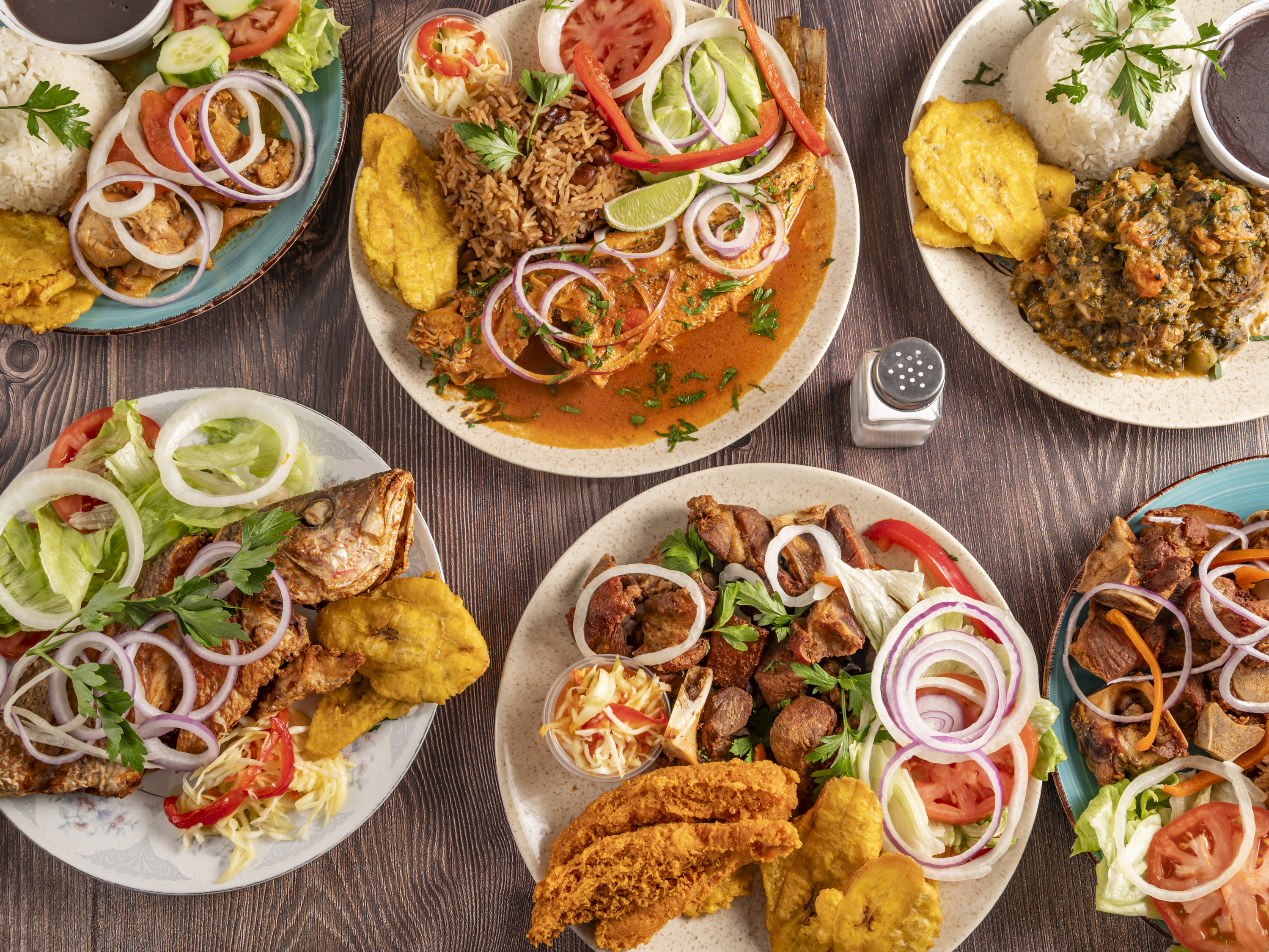Seph's Restaurant & Bakery spread of Haitian dishes