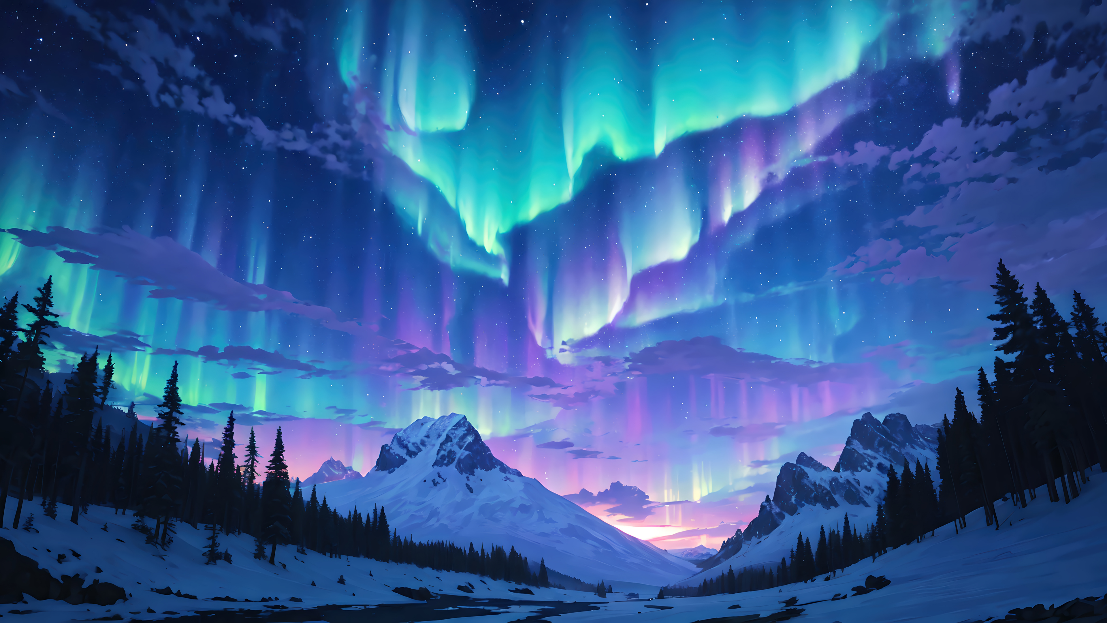 Aurora Borealis Snowy Mountains Forest