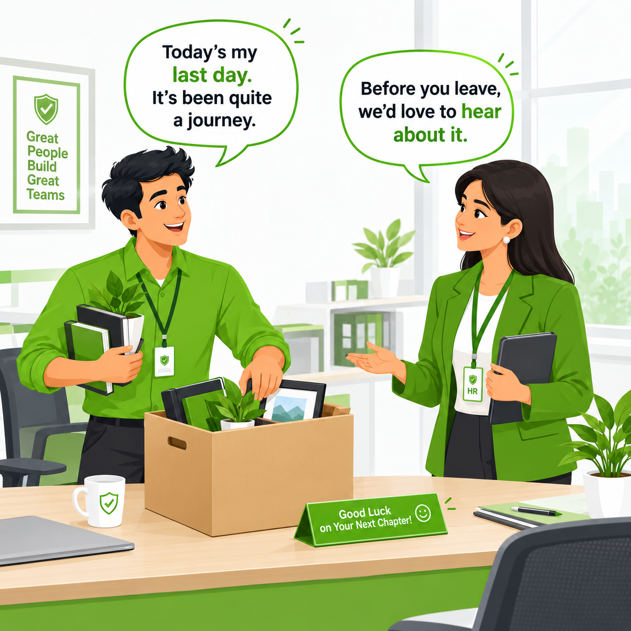 Employee packing box saying goodbye comic