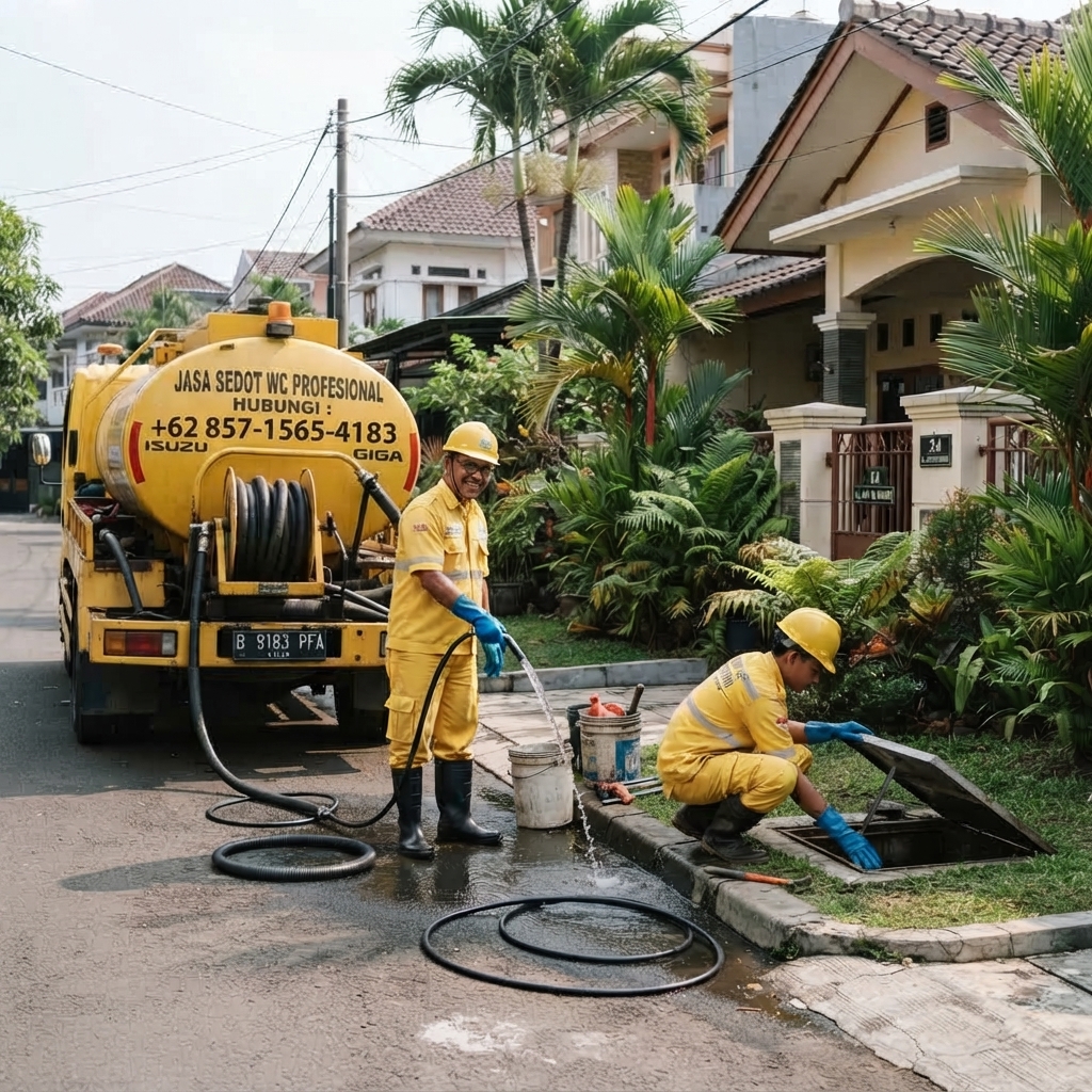 Dua petugas sedot WC berseragam kuning sedang membersihkan septic tank dengan truk Isuzu Giga di lokasi pelanggan