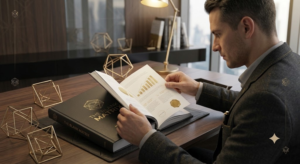 Hombre de negocios leyendo The Blank Matrix