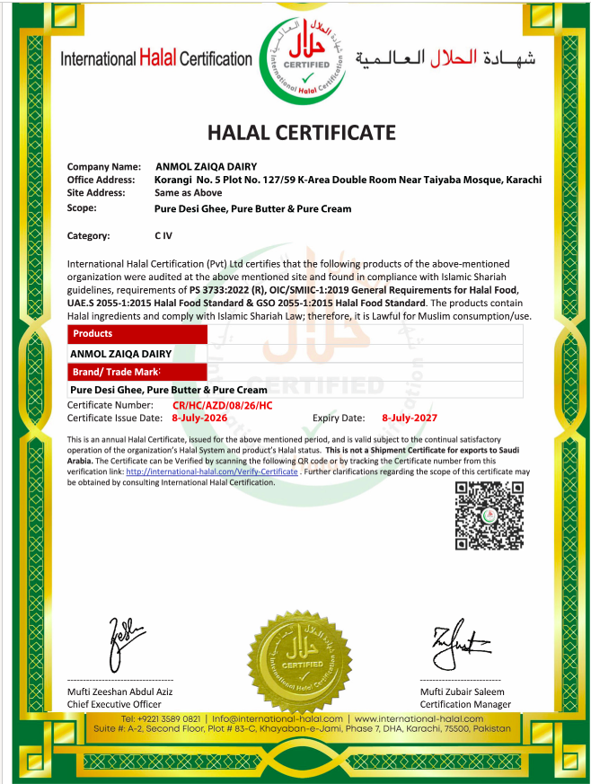 International Halal Certificate - Anmol Zaiqa Dairy