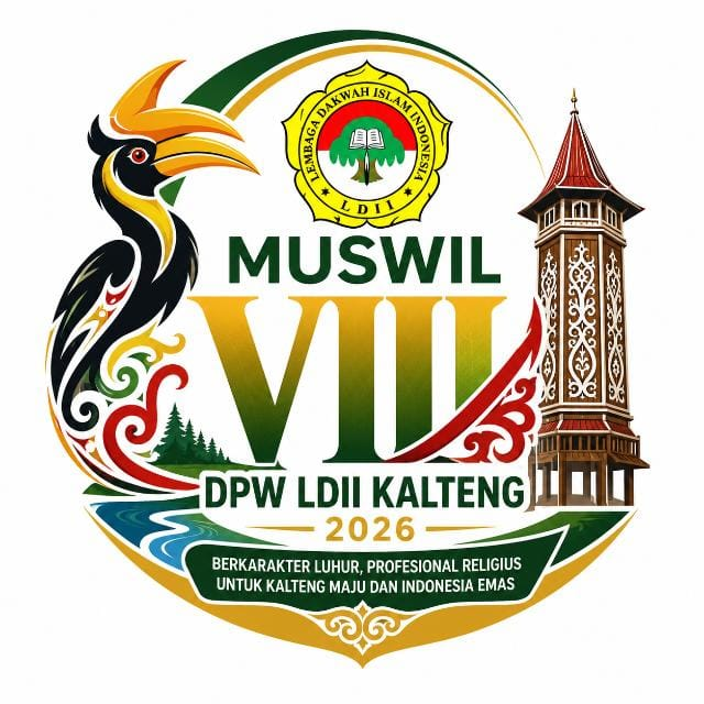 Logo Resmi Muswil VIII DPW LDII Kalimantan Tengah Tahun 2026 dengan elemen burung enggang, menara tradisional, dan lambang LDII