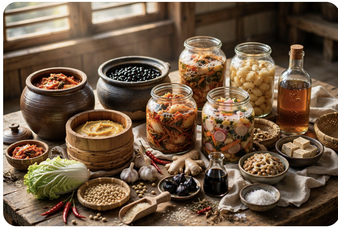 Traditional fermentation jars and rustic kitchen