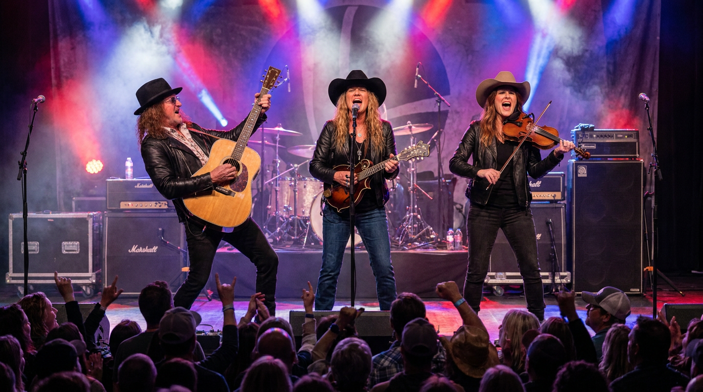 Tessa's Lair performing on stage with guitars and fiddle under bright concert lights