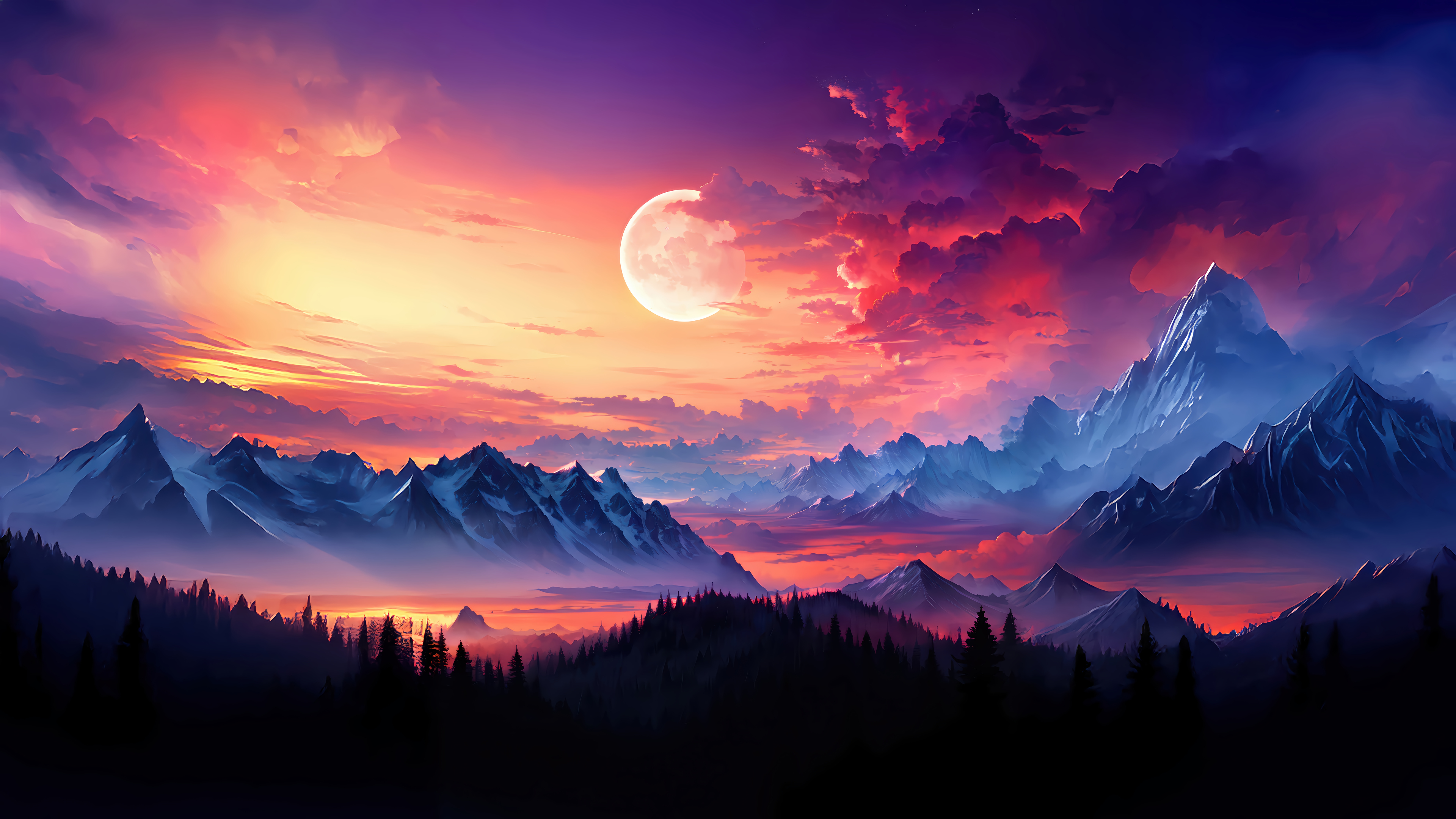 Full Moon Colorful Clouds Snowy Mountains Forest