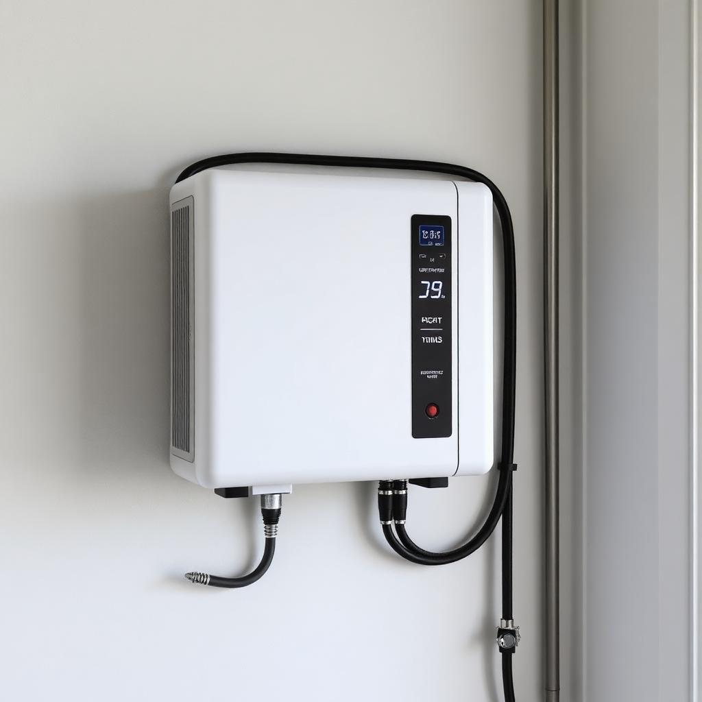 White wall-mounted water heater with digital temperature display and control panel installed in a clean room at ANUPAM electronics store in Raigarh