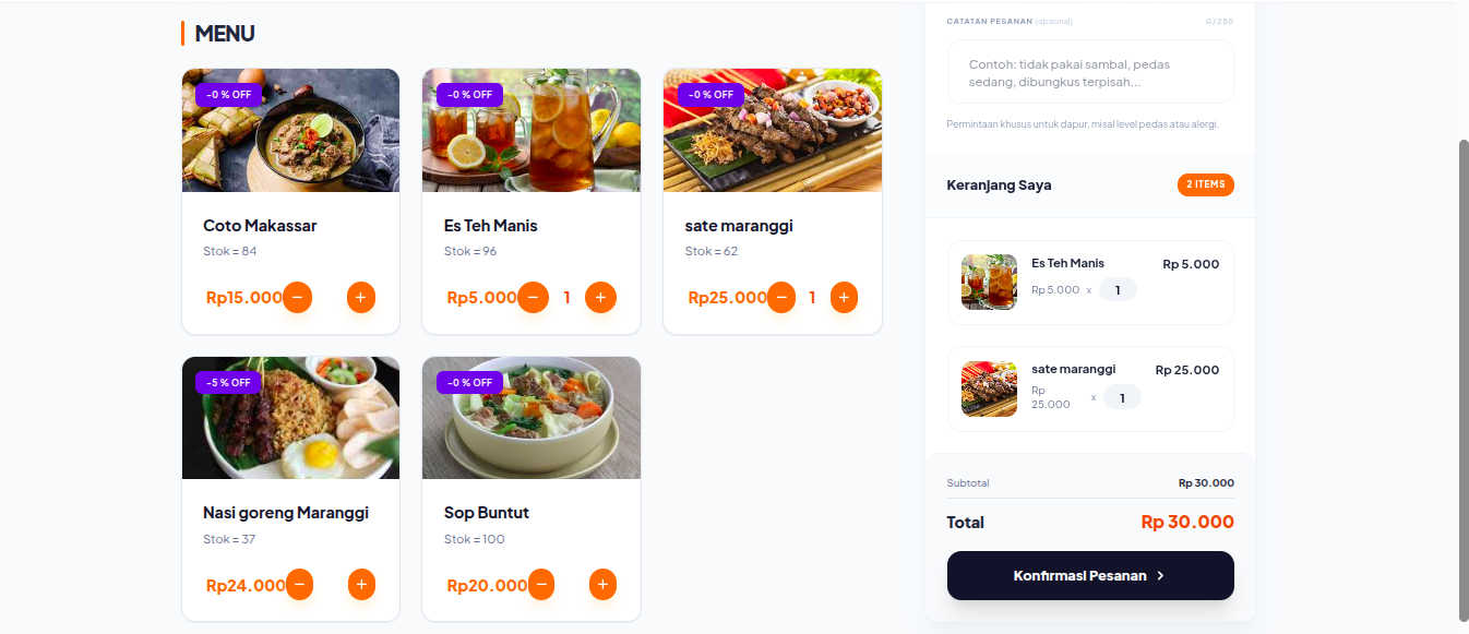 Tampilan Aplikasi TapKas Pos — Menu Pesanan & Keranjang