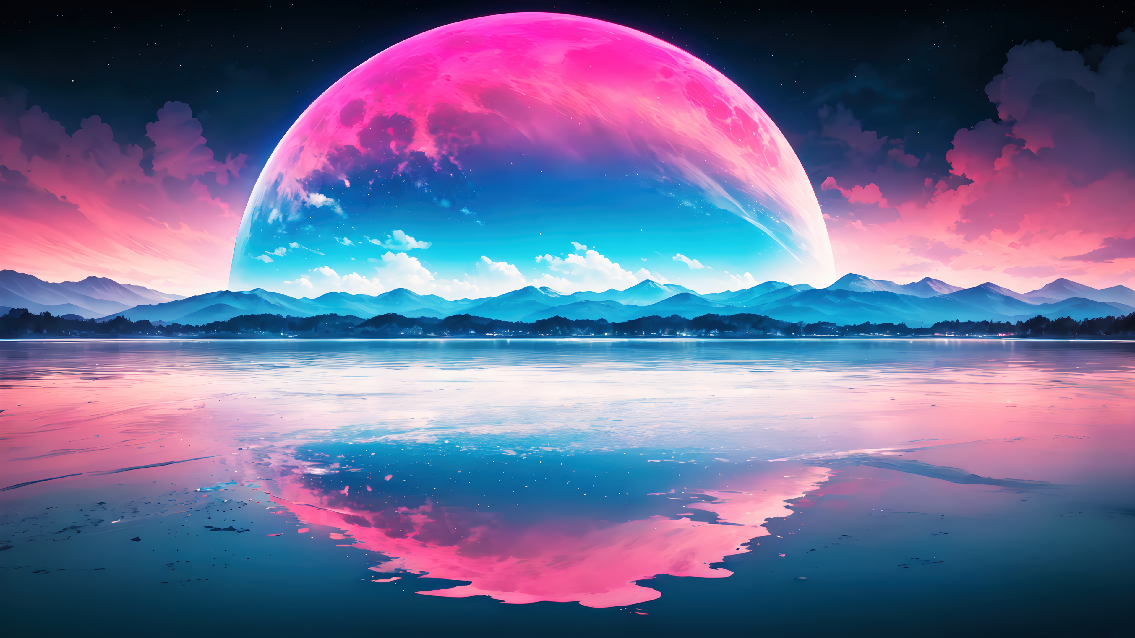 Giant Pink Blue Planet Mountains Reflection Dreamy