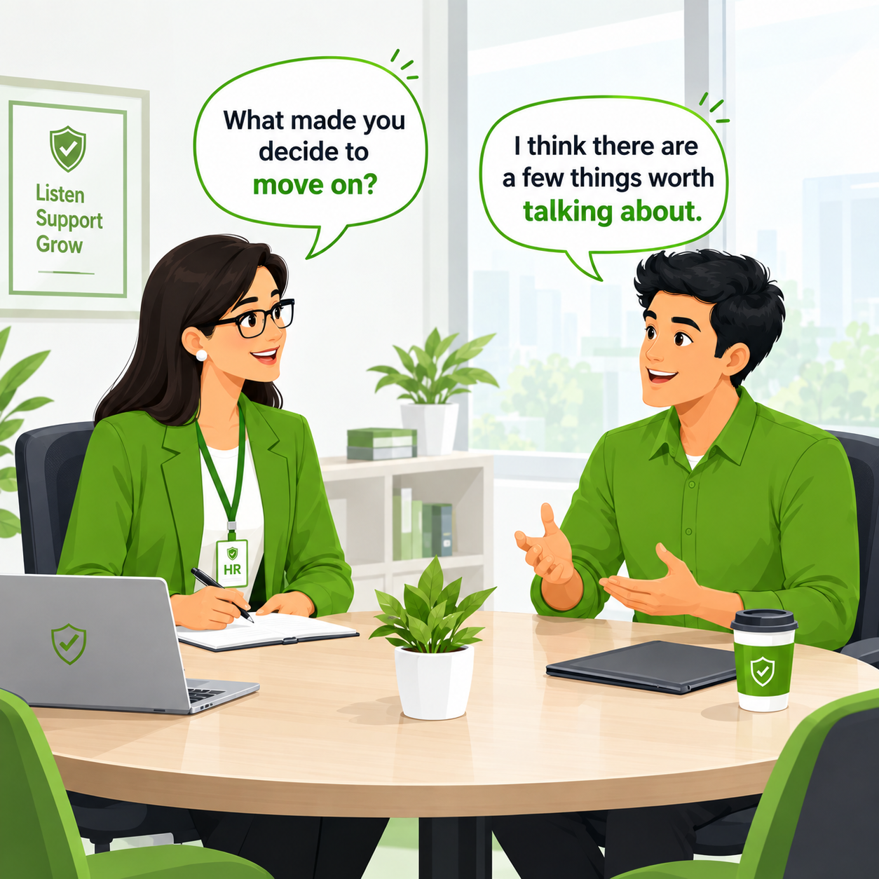 HR professional talking with departing employee comic