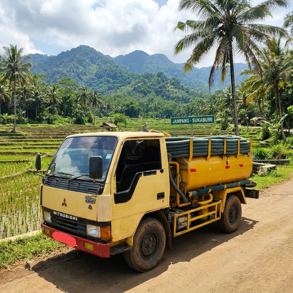 Truk sedot WC Mitsubishi 100PS di area Jampang Sukabumi dengan latar sawah