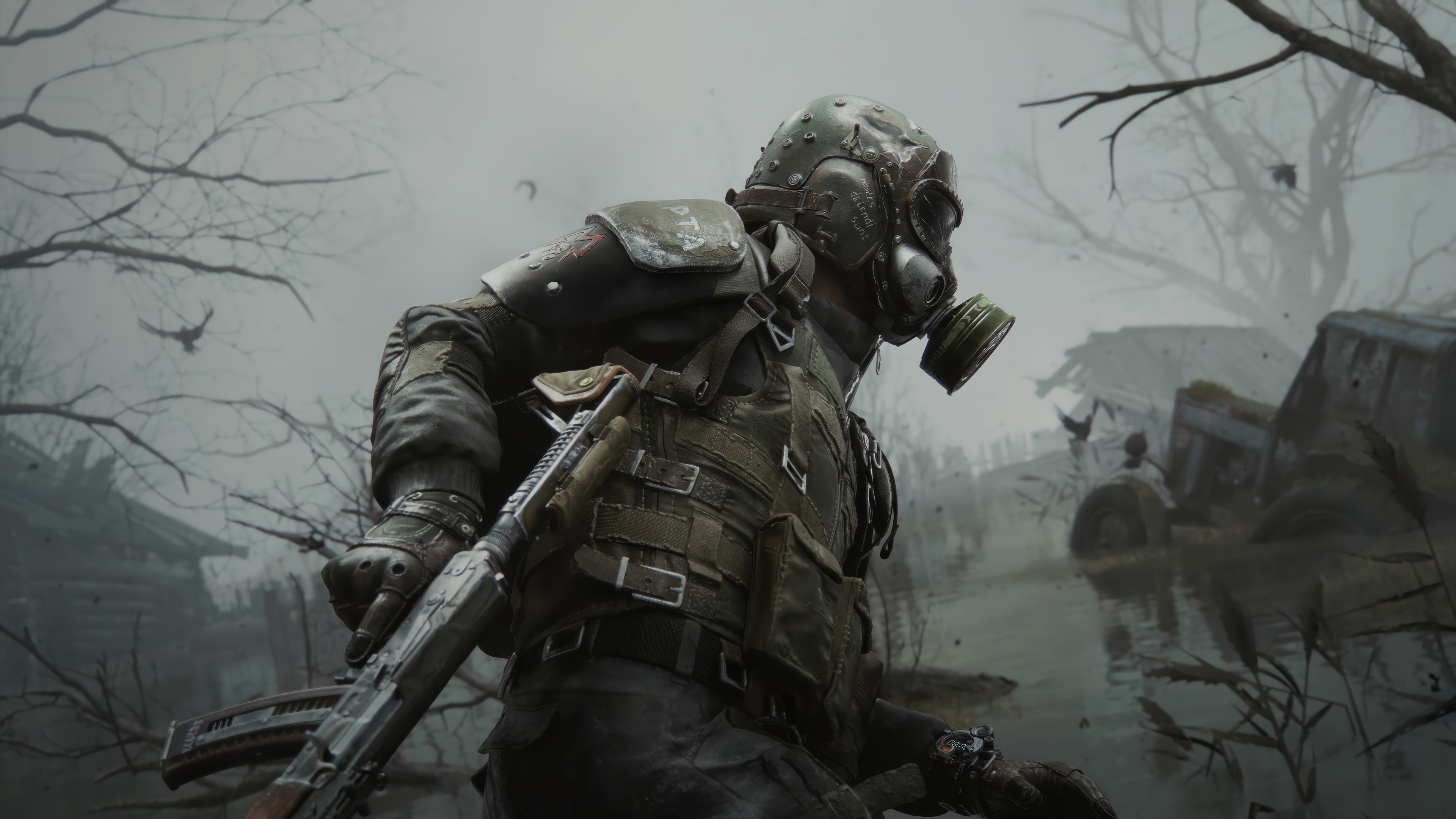 Gas Mask Soldier Foggy Ruins Apocalypse