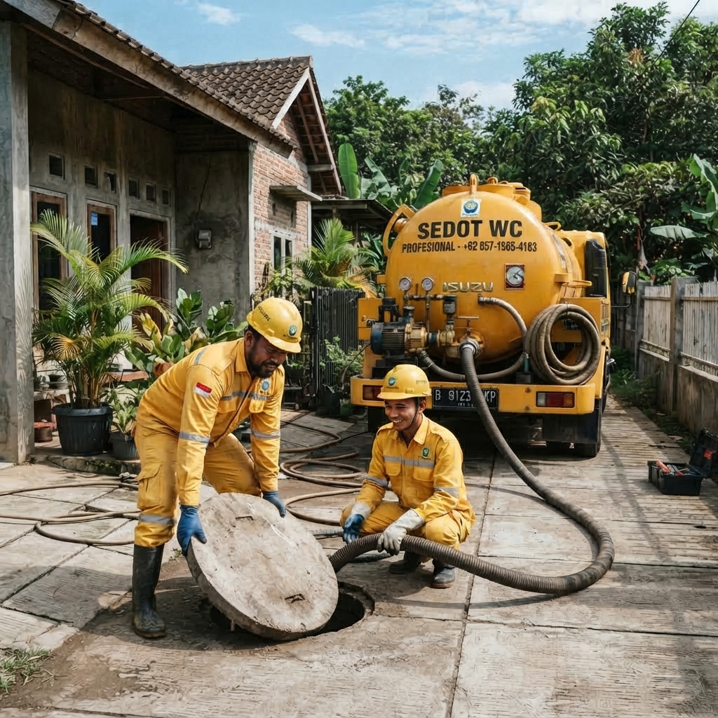 Dua pekerja sedot WC sedang membuka tutup septic tank lingkaran sambil menyiapkan selang hisap