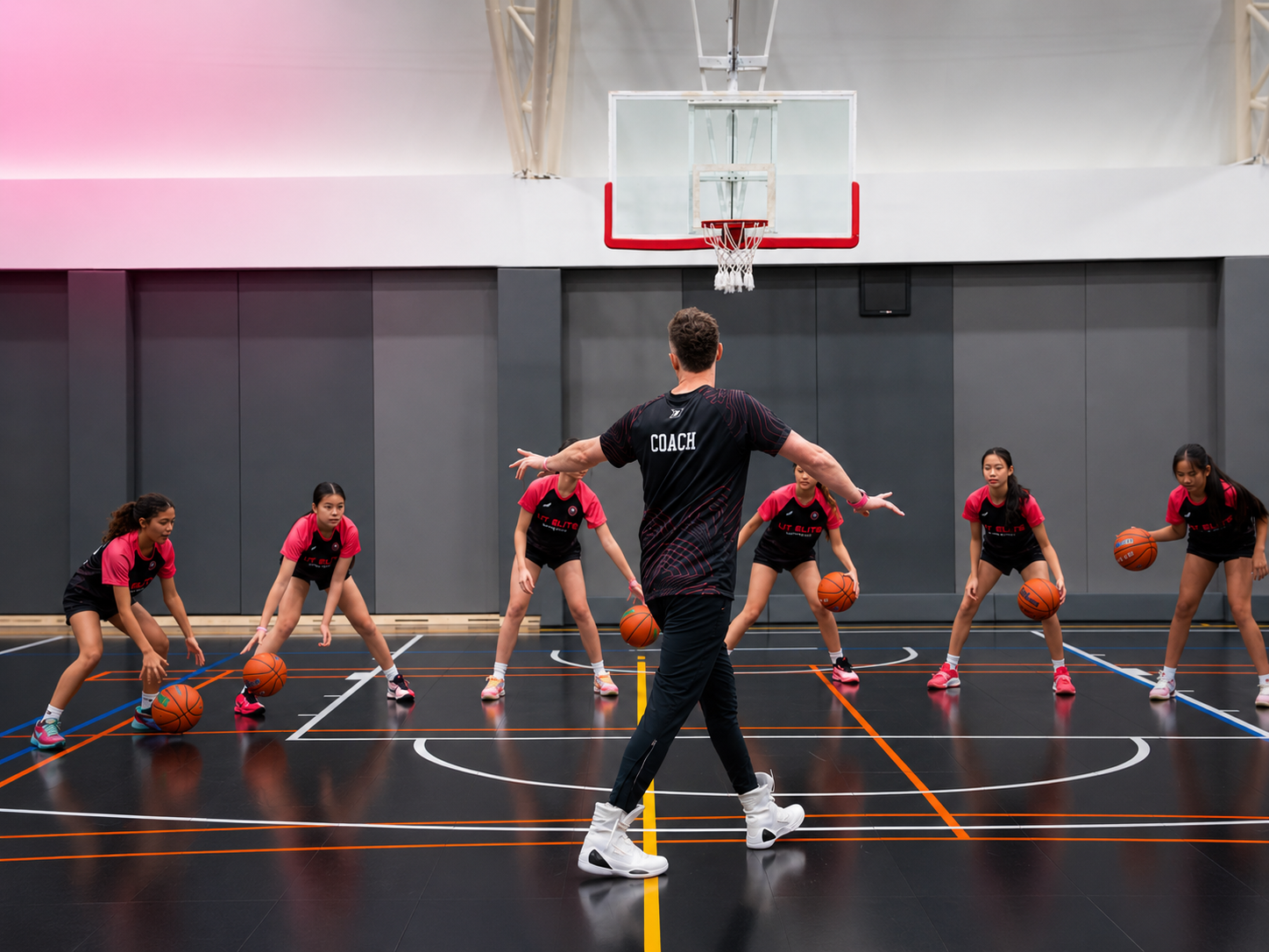 U15 girls basketball team training with Coach Zinger at LIT Elite Academy