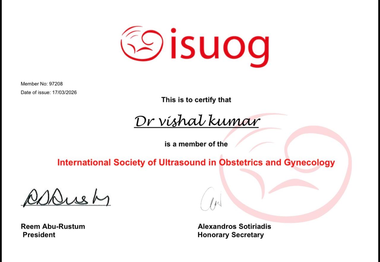 ISUOG Membership Certificate — Dr Vishal Kumar, Member No: 97208, International Society of Ultrasound in Obstetrics and Gynecology