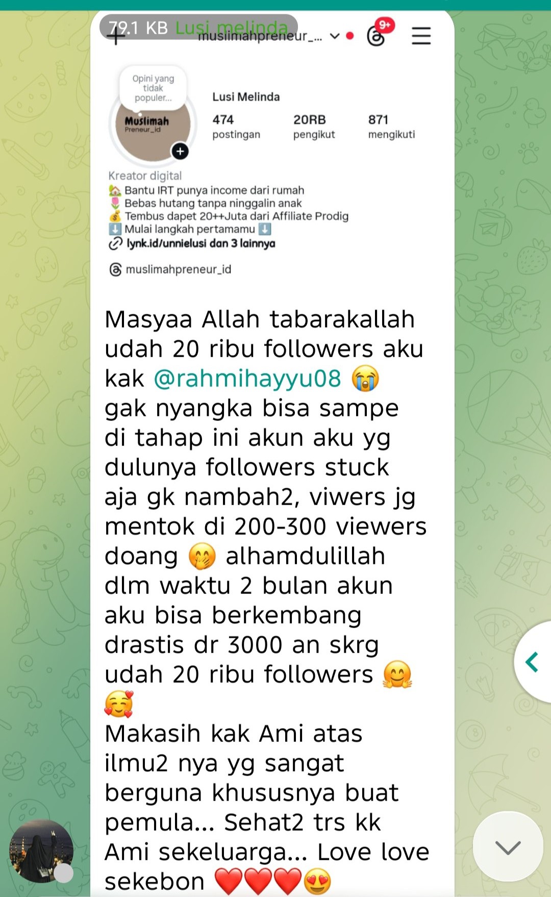 Bukti Pertumbuhan Akun Lusi Melinda