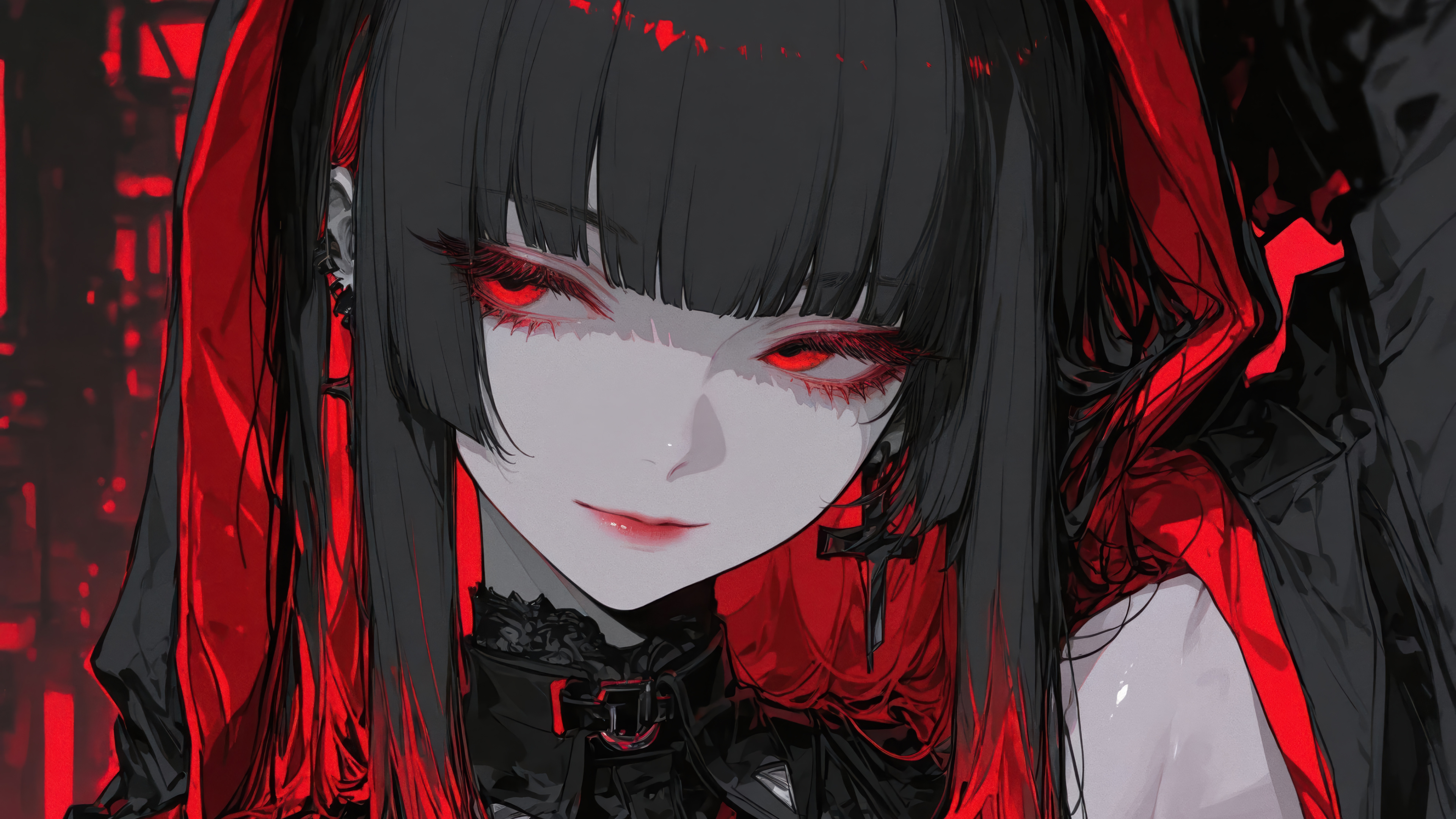 Dark Red Ribbons Girl Anime