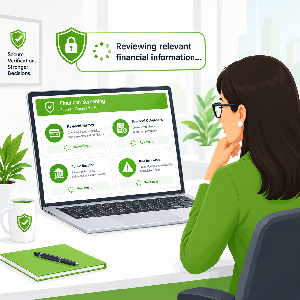 HR manager reviewing financial screening dashboard comic
