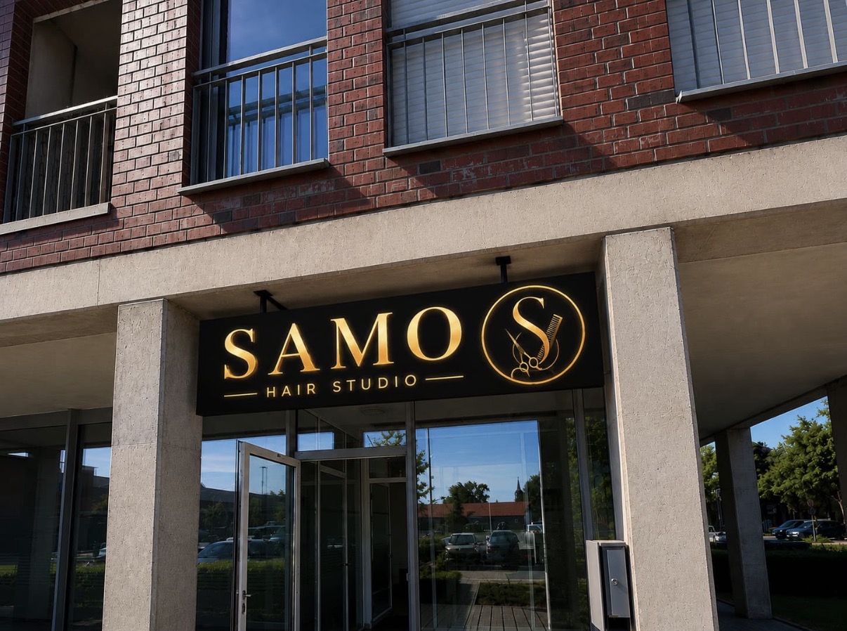 Fassade des Samo Hair Studio mit goldenem Logo an der Dülmener Straße 30 in Lüdinghausen
