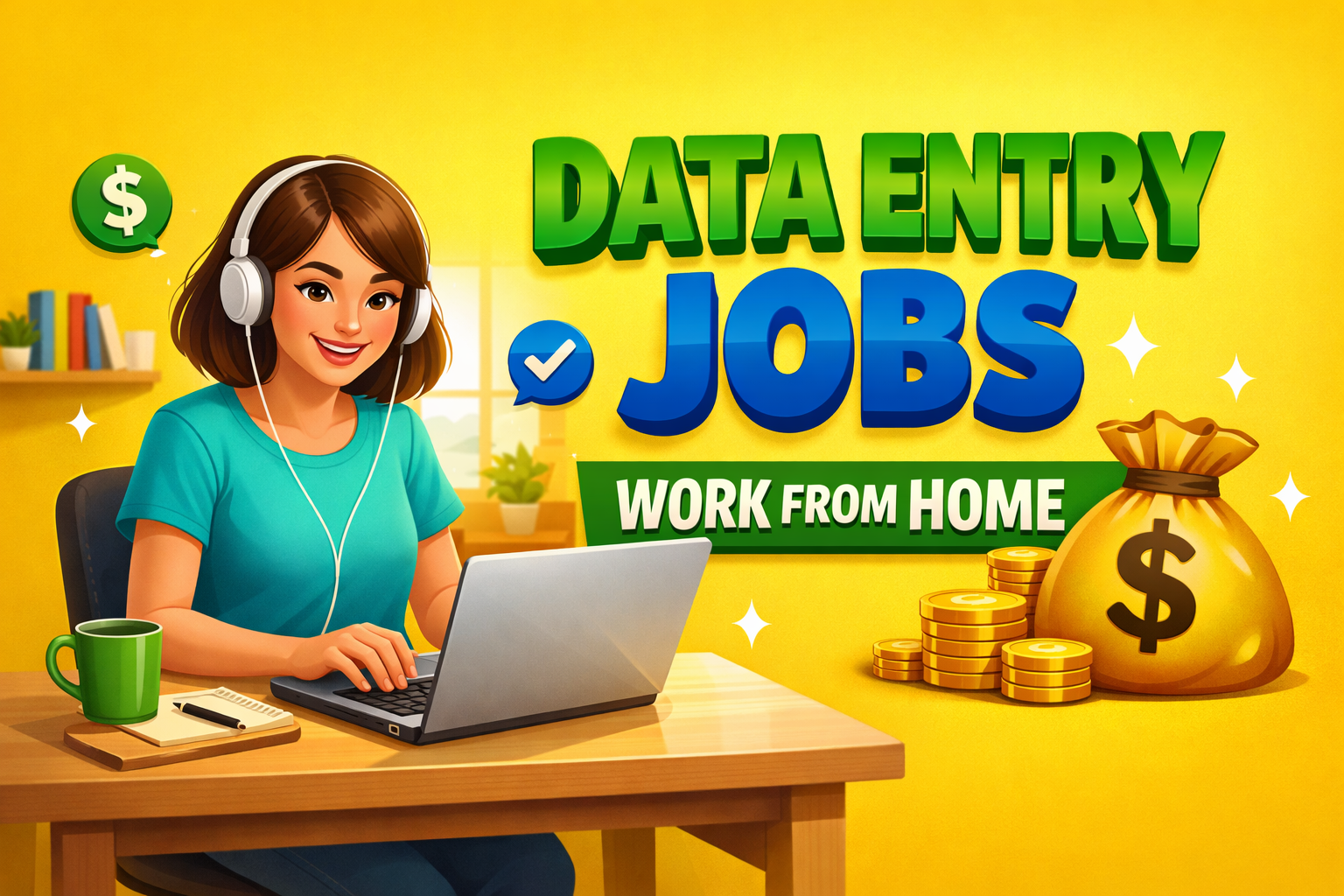DATA ENTRY JOBS WORK FROM HOME - Woman working remotely on laptop with headphones at home desk with green cup notebook and pen, yellow wall with bookshelf and plants, money bag and gold coins