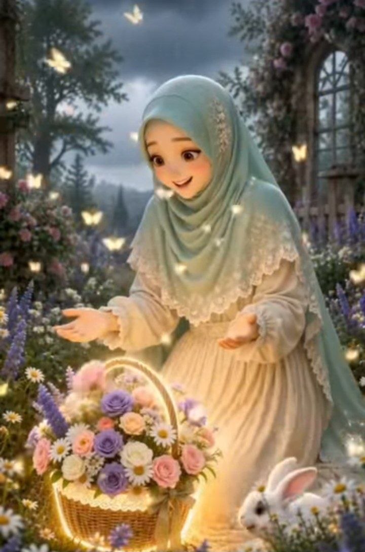 Wanita berhijab biru yang elegan di taman bunga yang penuh warna, dikelilingi kupu-kupu bercahaya dan seekor kelinci lucu.