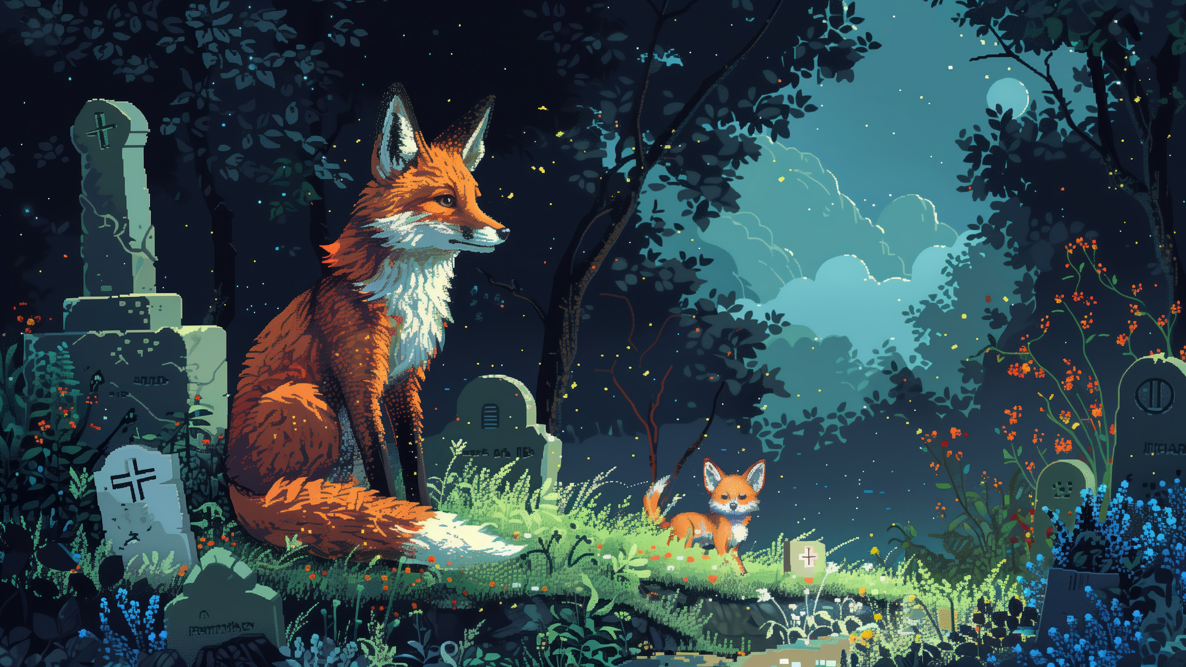 Foxes Moonlit Cemetery