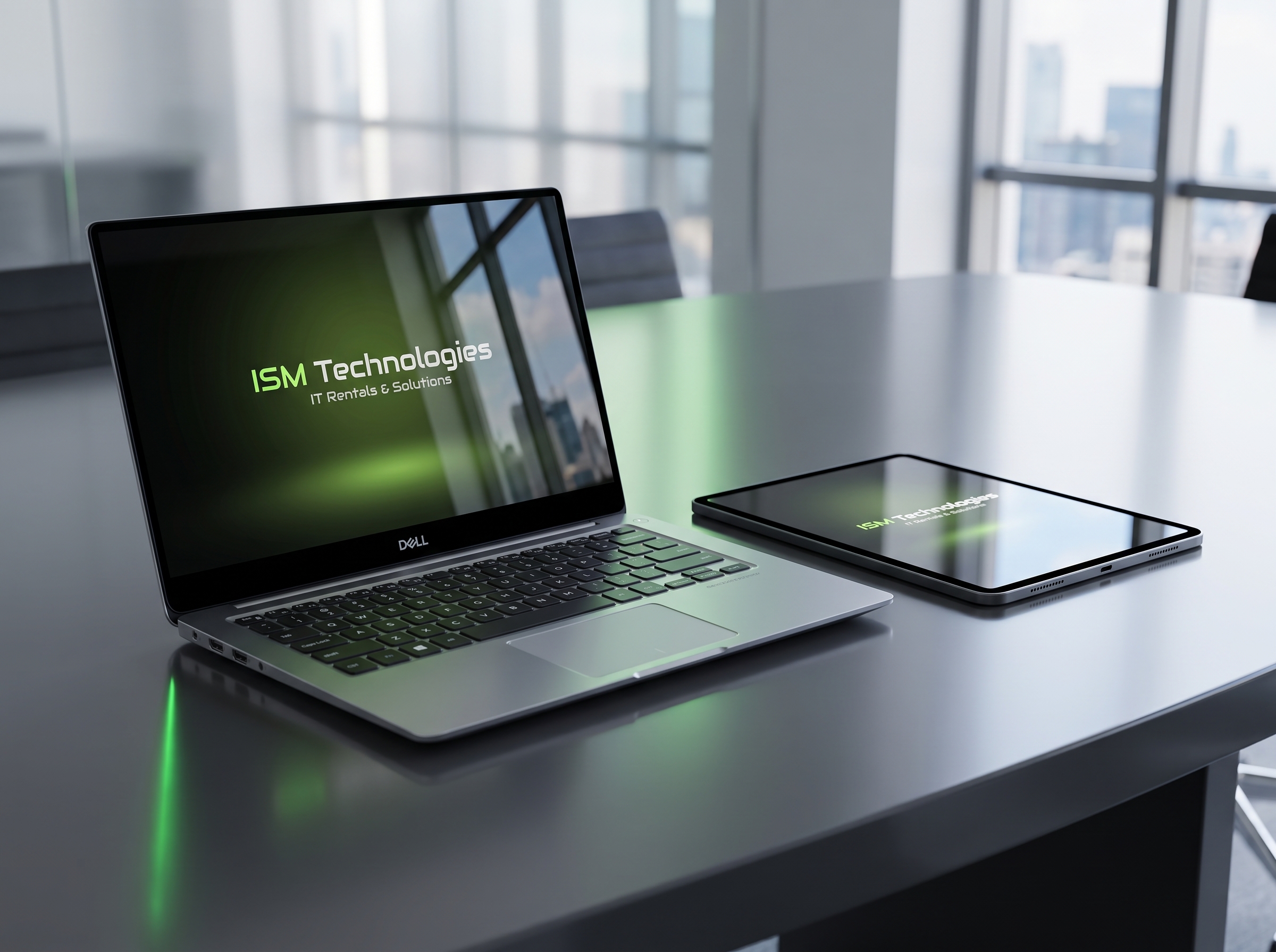 Dell laptop and tablet on a conference table displaying the ISM Technologies brand