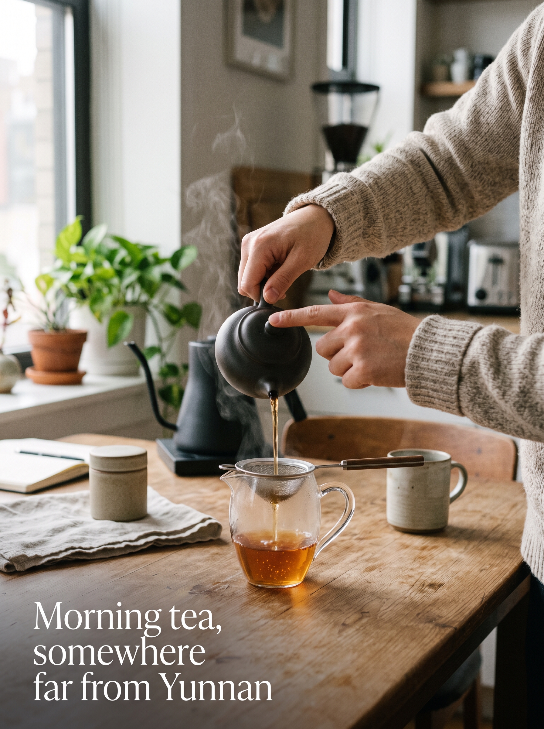 Hands brewing tea with a small teapot in a warm modern kitchen, steam rising