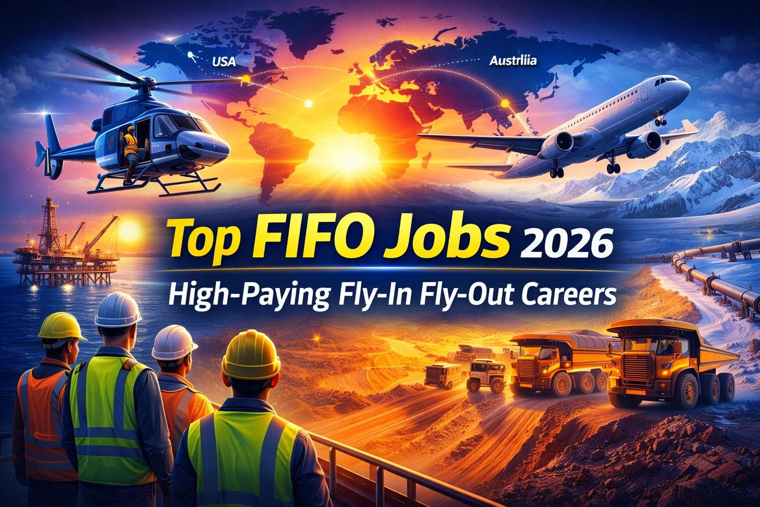 Fly-In Fly-Out career opportunities 2026 showcasing helicopters, passenger planes, drilling platforms, engineering vehicles, and workers with safety helmets, with a world map background highlighting USA and Australia.