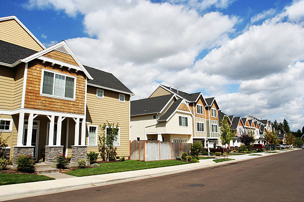 Modern HOA residential community with warm-toned homes featuring wood and stone exteriors, clean streets, lush green surroundings, and blue sky with white clouds
