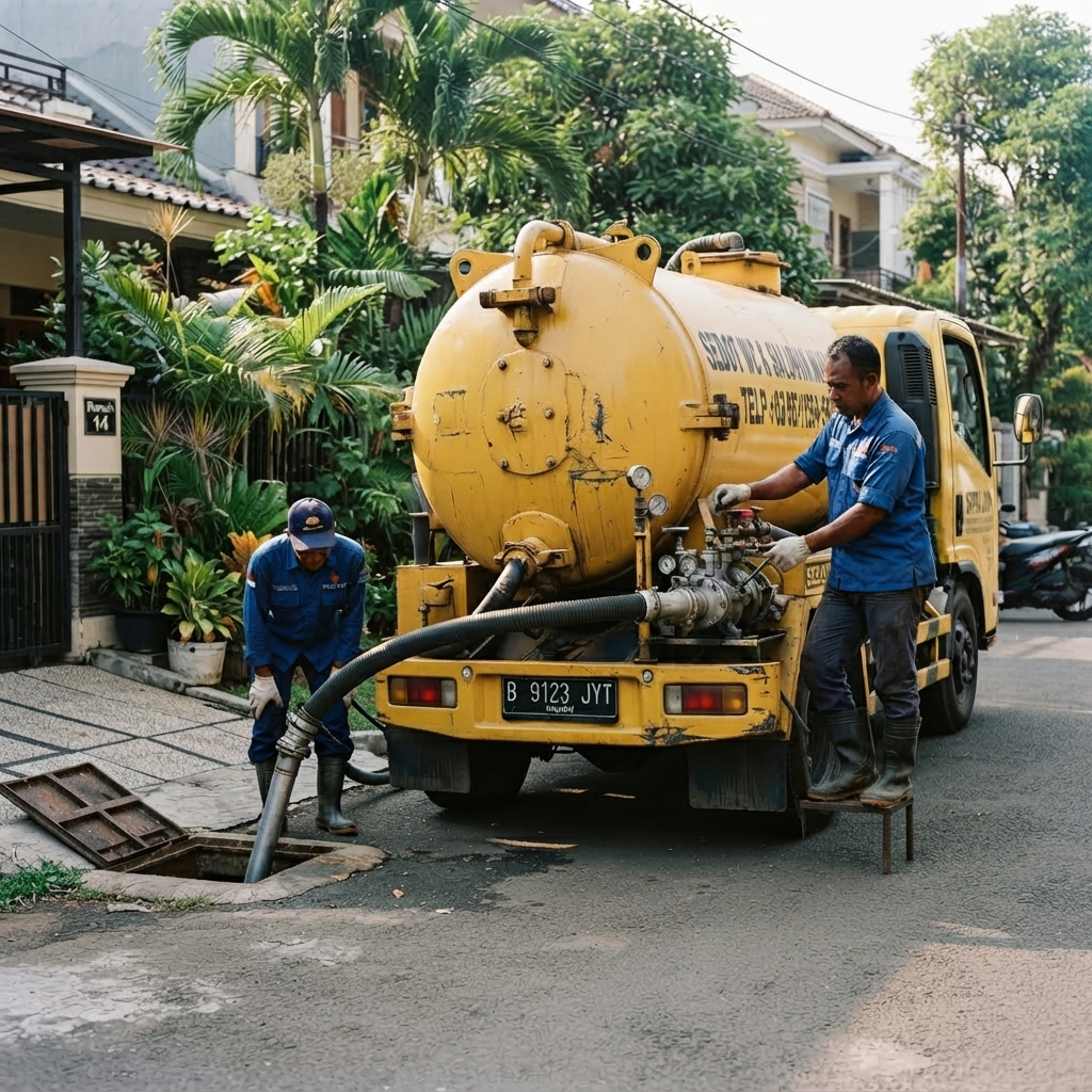 Petugas sedot WC mengoperasikan katup di atas truk tangki kuning saat pengerjaan