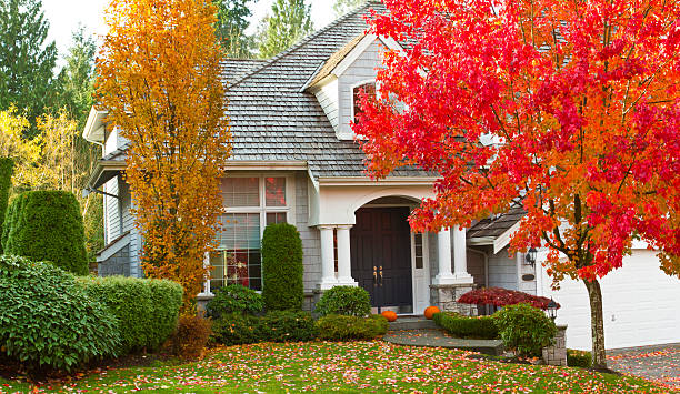 Suburban home with fall foliage, trimmed shrubs, pumpkin decor and seasonal autumn landscaping