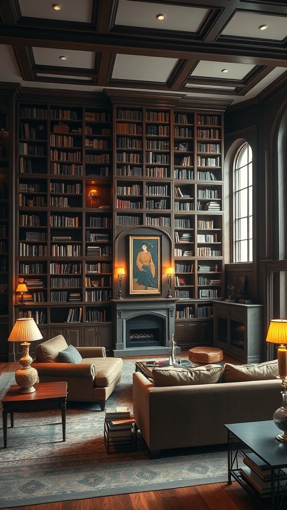 Classical style library with bookshelves, fireplace, and comfortable furniture