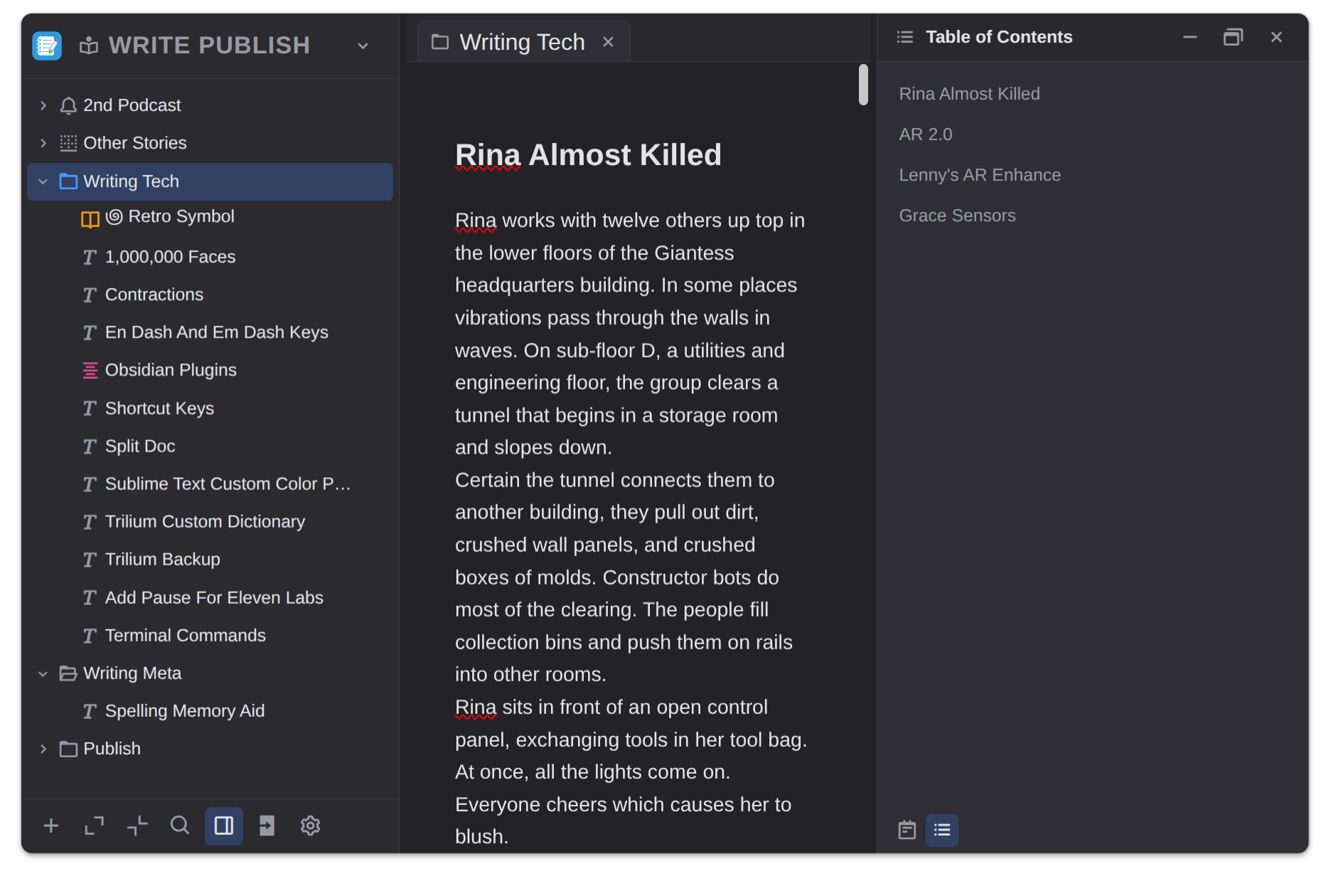 In20xx Notes writing view with folder tree on the left, the editor in the middle, and an outline on the right
