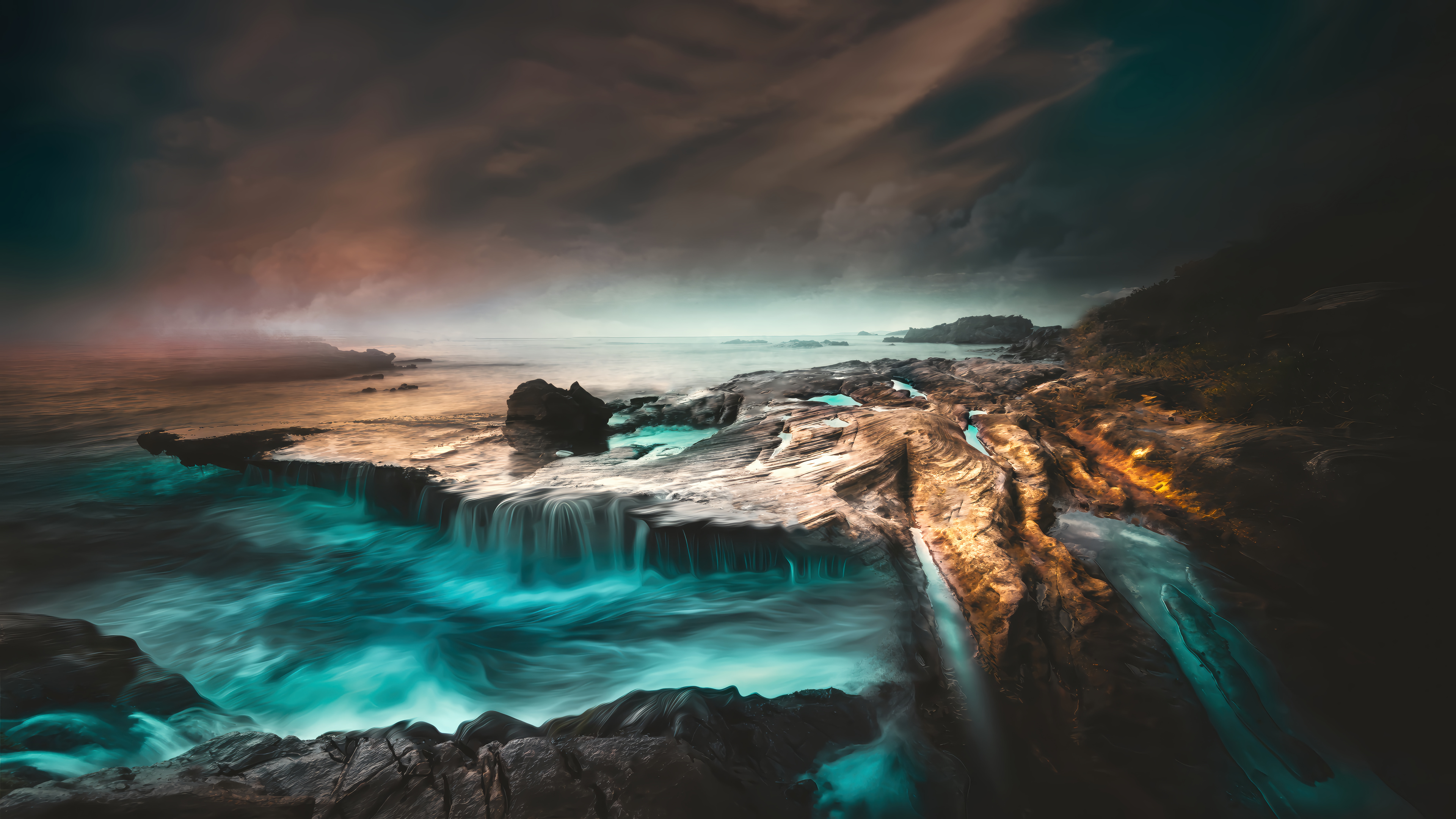 Rocky Coast Sea Waves Dramatic Sky