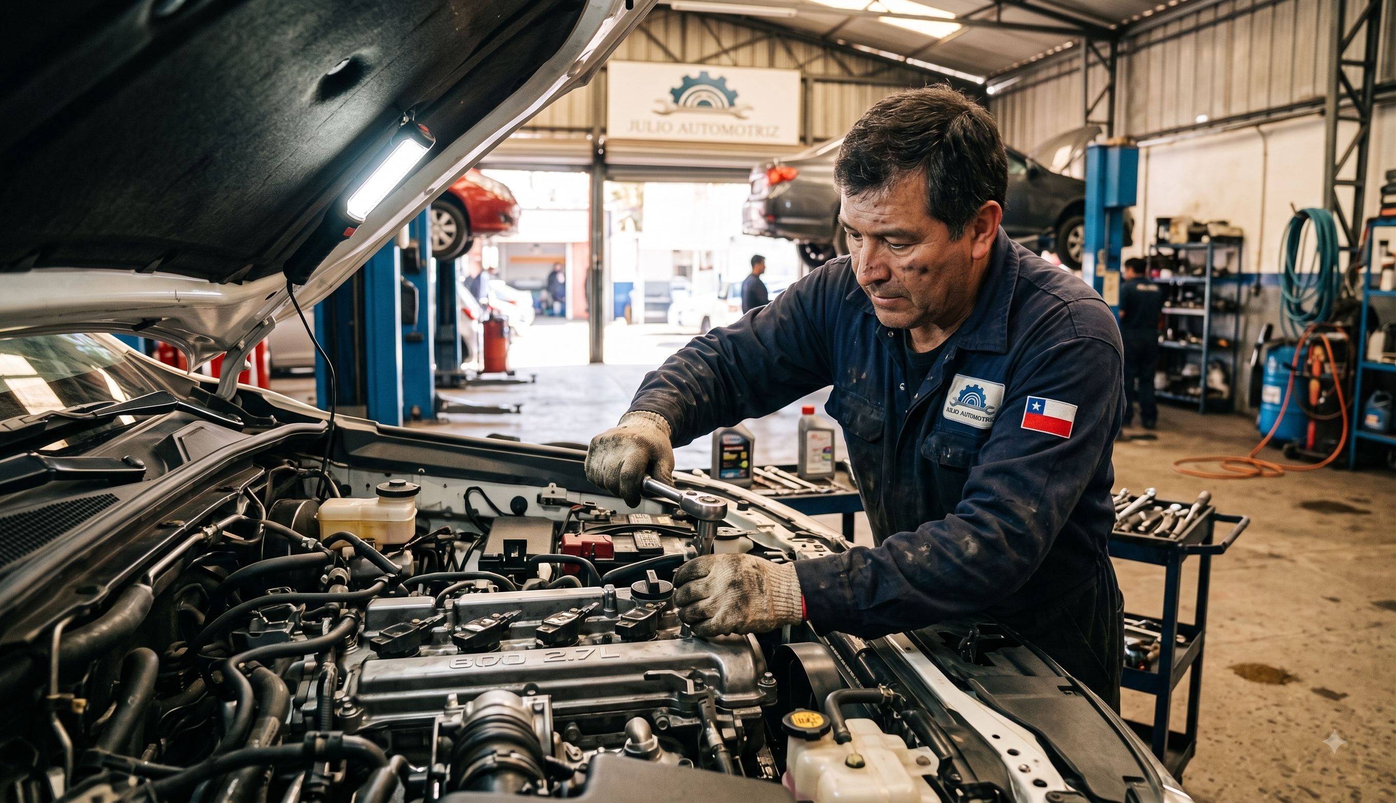 Mecánico profesional de Julio Automotriz reparando motor