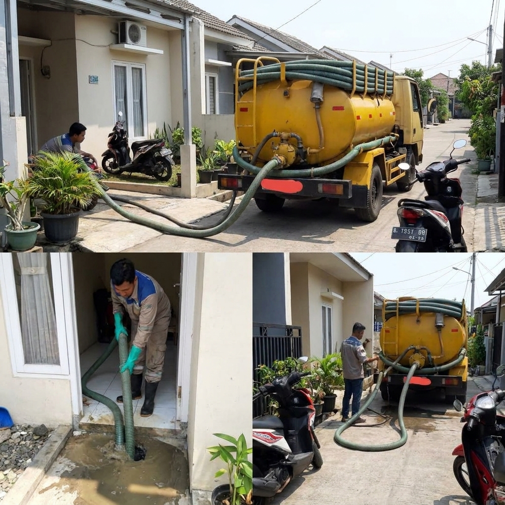 Selang sedot panjang terhubung dari truk ke septic tank rumah warga