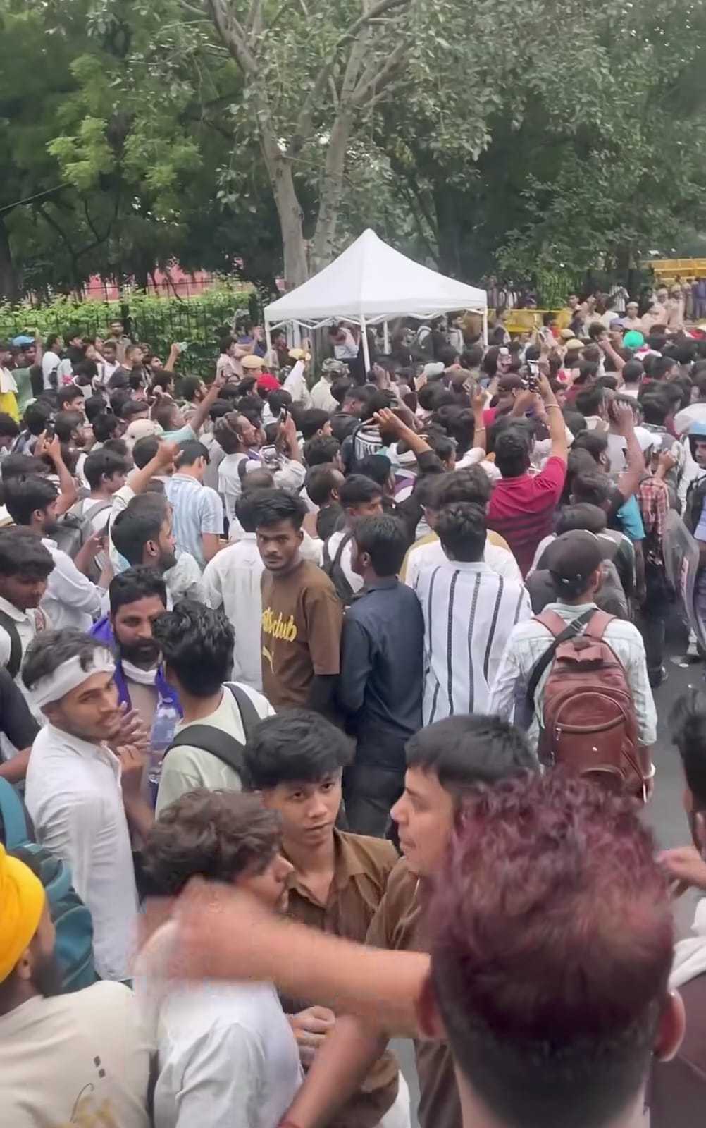 Crowd at protest tent