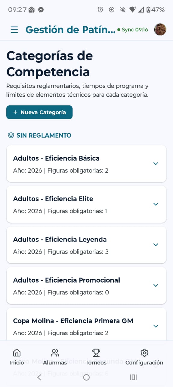 Pantalla de categorías de competencia
