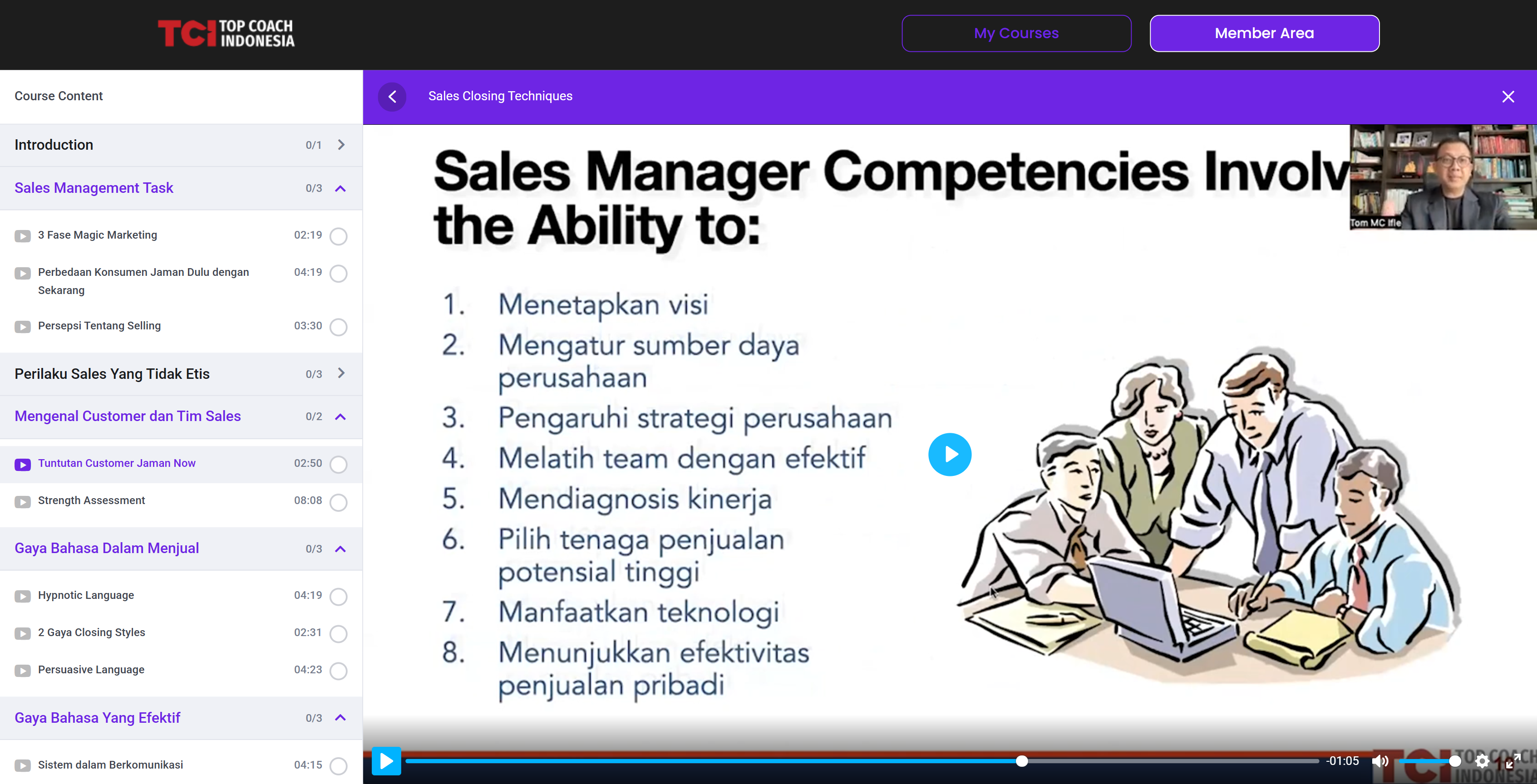 Tampilan materi di dalam kursus Sales Closing Techniques