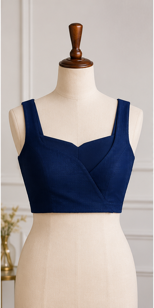 Deep blue sleeveless modern cut blouse on mannequin showcasing contemporary silhouette