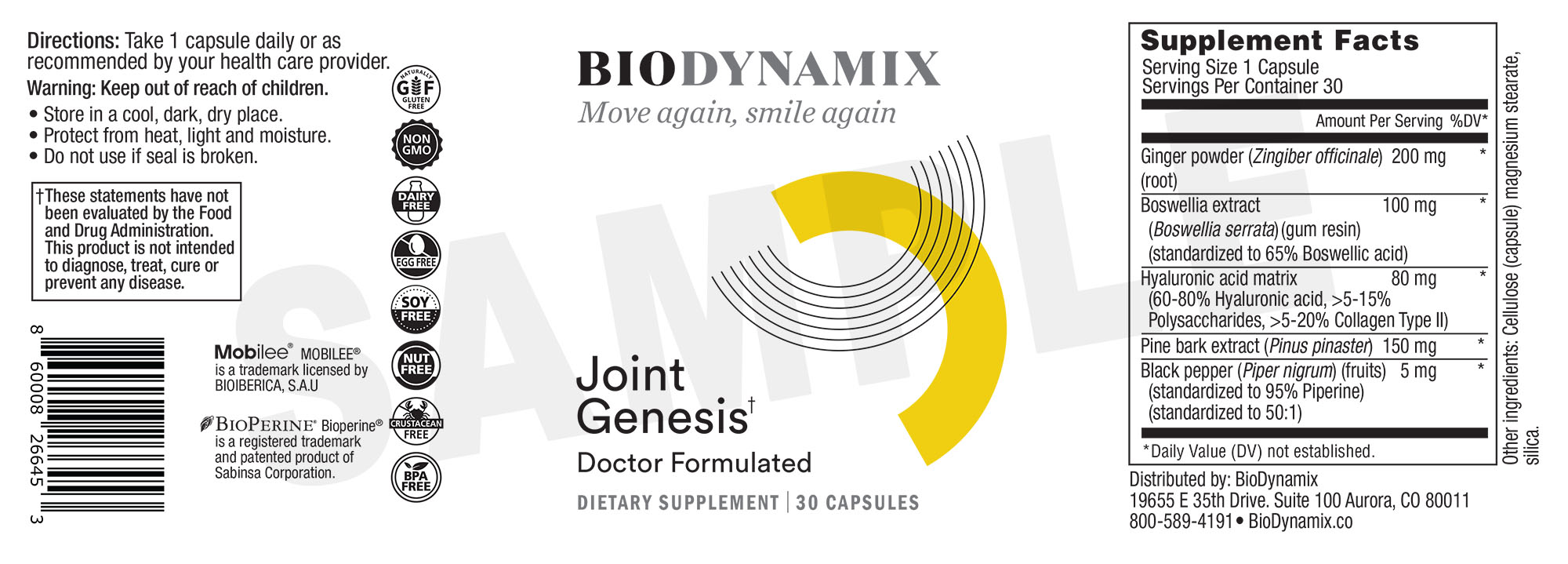 Joint Genesis supplement facts label showing ingredients, doses, usage instructions, and certification logos