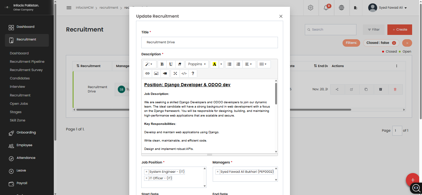 Update Recruitment Popup