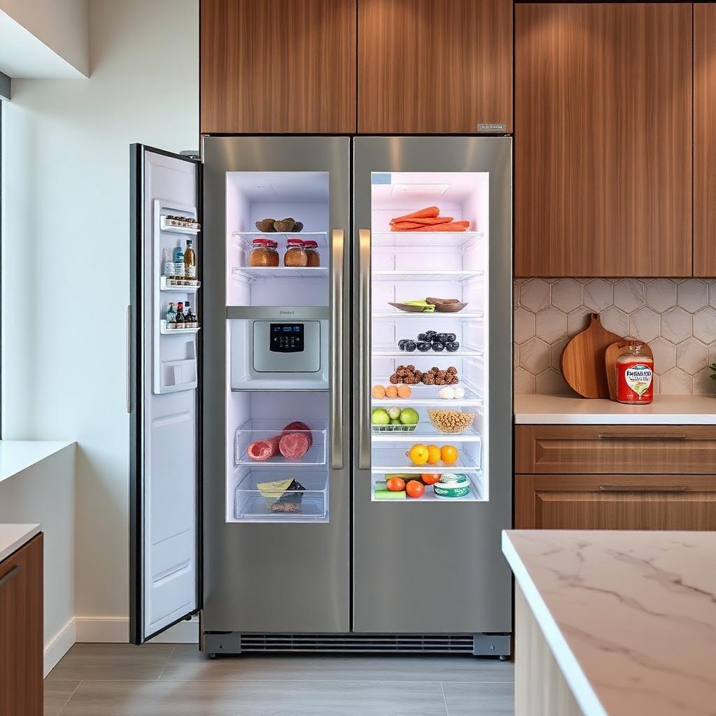 Modern kitchen with stainless steel double-door refrigerator open showing organized storage with fruits and vegetables, wooden cabinets and hexagonal tile wall at ANUPAM electronics store in Raigarh