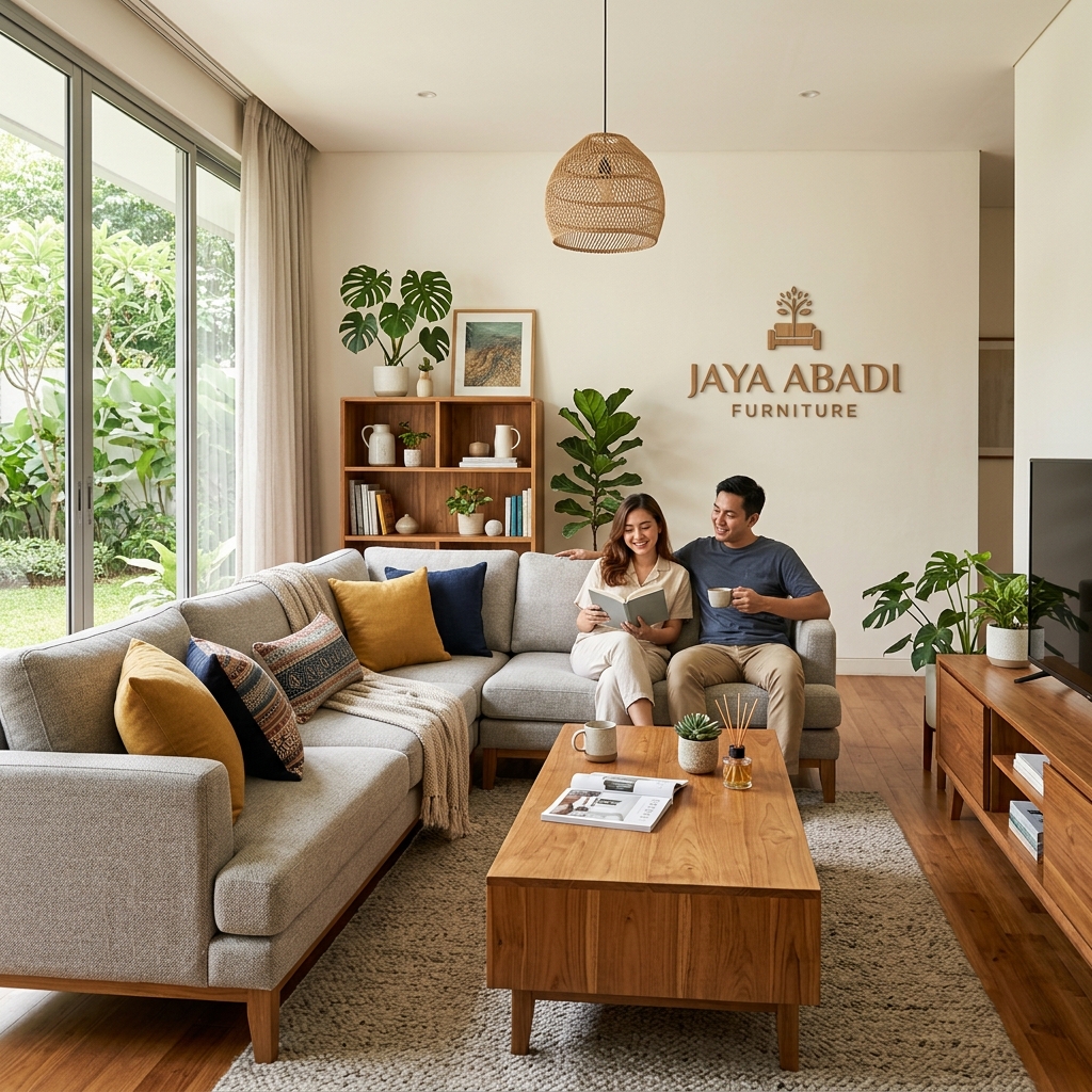 Suasana toko mebel Karawang JAYA ABADI FURNITURE dengan sofa L shape, TV cabinet, dan aksesori kayu yang hangat