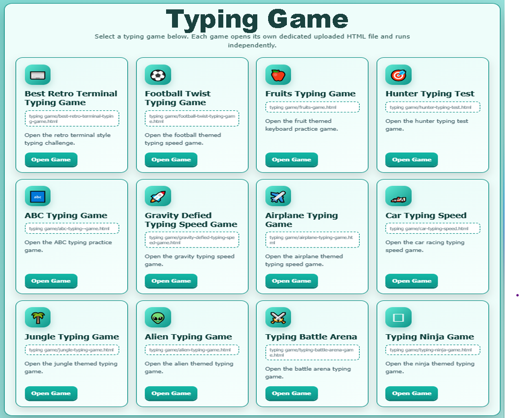 Advanced typing games selection screen showing retro terminal, football twist, and fruit themed typing games with open game buttons
