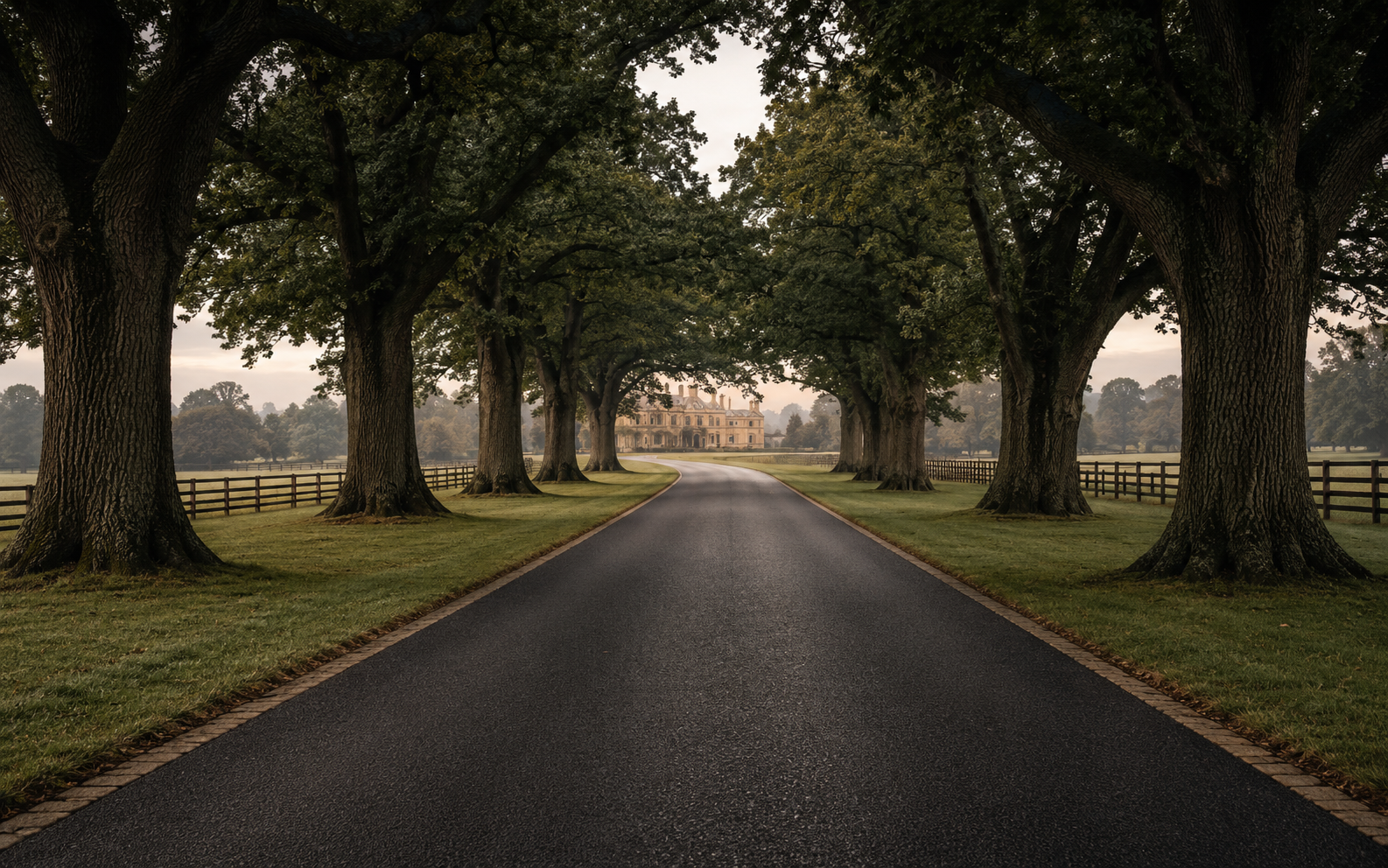 A straight country estate drive lined with mature trees, leading towards a classical historic building in the distance, surrounded by open grassland and wooden fencing.